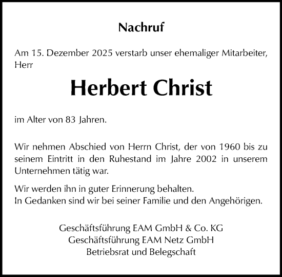 Traueranzeige von Herbert Christ von Dill Block