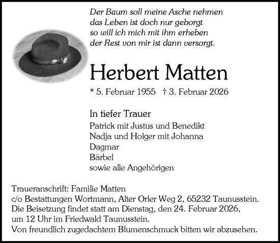 Traueranzeige von Herbert Matten von Rheingau-Taunus-Kreis Wochenblatt