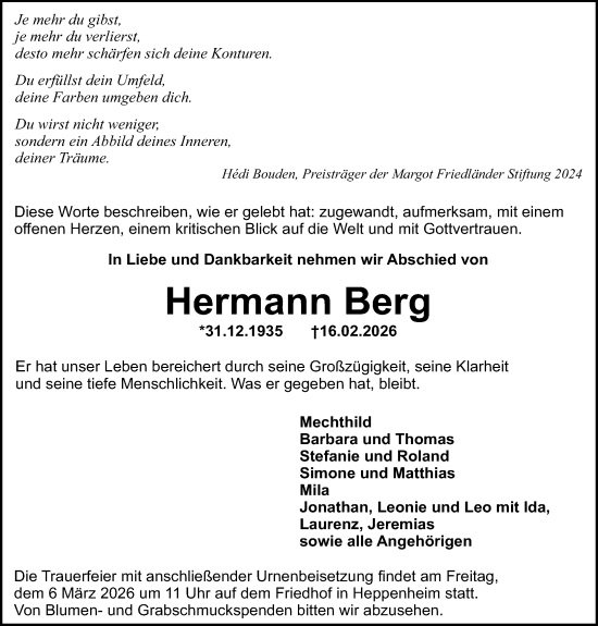 Traueranzeige von Hermann Berg von Starkenburger Echo