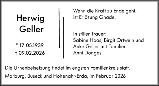 Traueranzeige von Herwig Geller von Wetzlarer Neue Zeitung