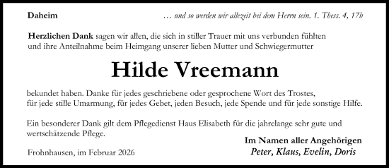 Traueranzeige von Hilde Vreemann von Hinterländer Anzeiger