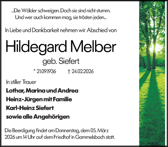 Traueranzeige von Hildegard Melber von Odenwälder Echo