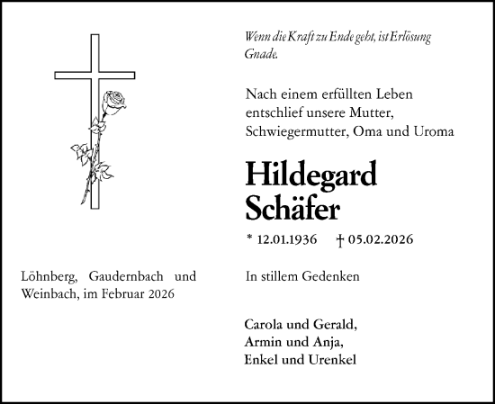 Traueranzeige von Hildegard Schäfer von Weilburger Tageblatt