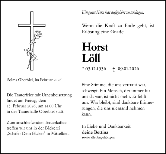 Traueranzeige von Horst Löll von Wetzlarer Neue Zeitung