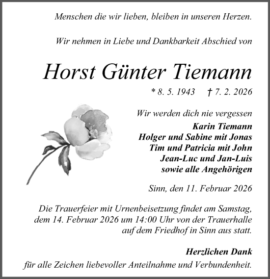 Traueranzeige von Horst Günter Tiemann von Dill Block