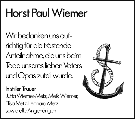 Traueranzeige von Horst Paul Wiemer von Wetzlarer Neue Zeitung