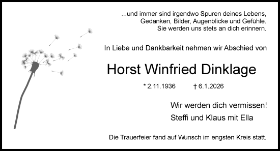 Traueranzeige von Horst Winfried Dinklage von Dieburger Anzeiger/Groß-Zimmerner Lokal-Anzeiger