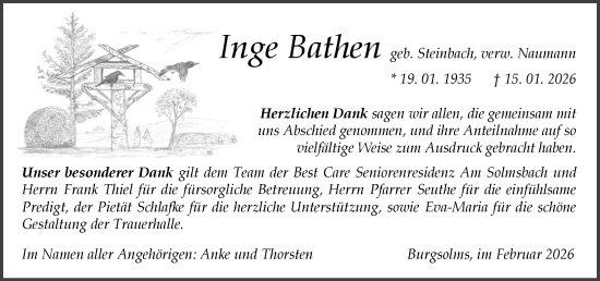 Traueranzeige von Inge Bathen von Wetzlarer Neue Zeitung