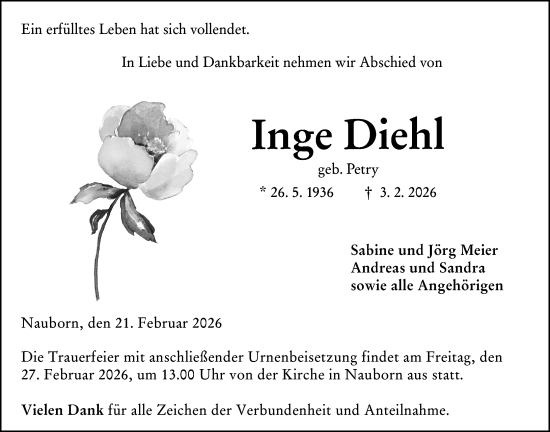 Traueranzeige von Inge Diehl von Wetzlarer Neue Zeitung