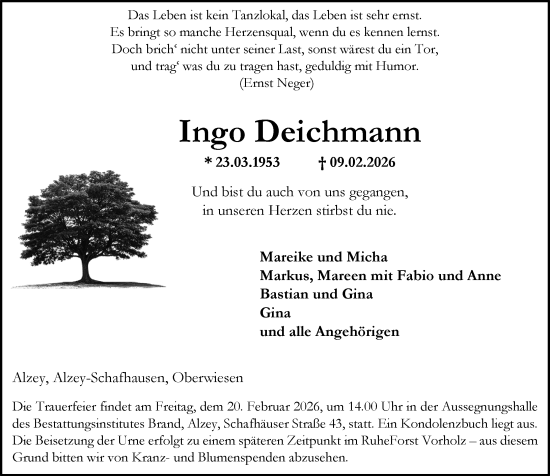 Traueranzeige von Ingo Deichmann von Allgemeine Zeitung Alzey
