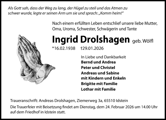 Traueranzeige von Ingrid Drolshagen von Idsteiner Land/Untertaunus