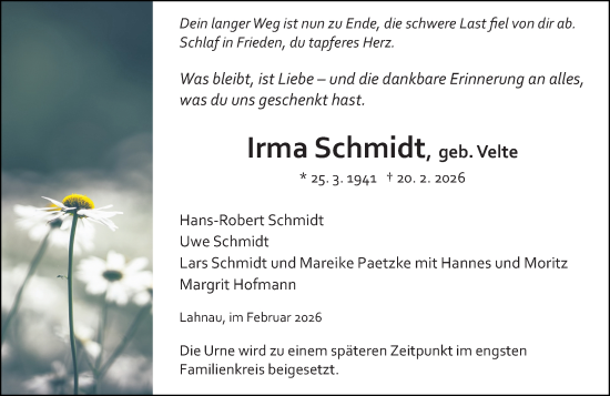 Traueranzeige von Irma Schmidt von Wetzlarer Neue Zeitung