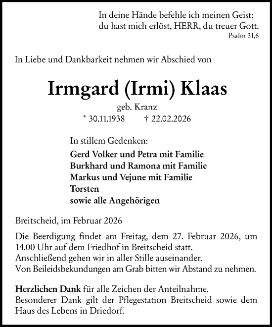 Traueranzeige von Irmgard Klaas von Dill Block