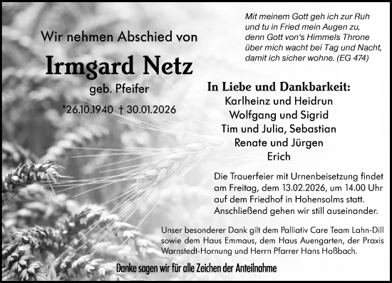 Traueranzeige von Irmgard Netz von Wetzlarer Neue Zeitung