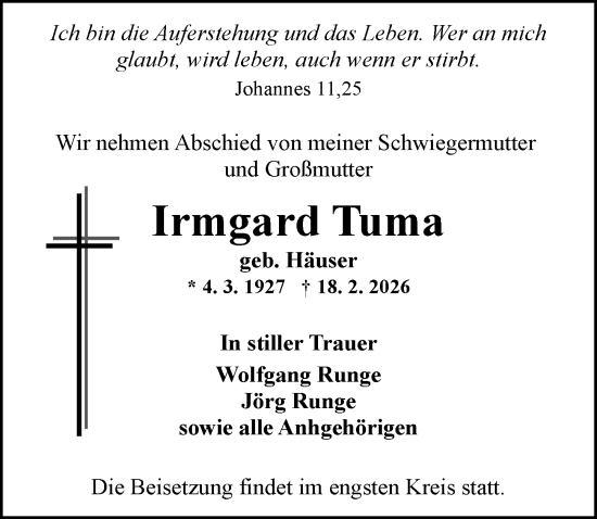 Traueranzeige von Irmgard Tuma von Allgemeine Zeitung Mainz