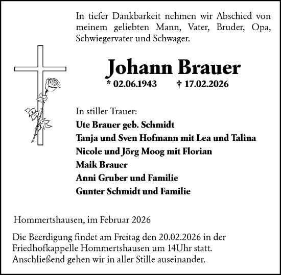 Traueranzeige von Johann Brauer von Hinterländer Anzeiger