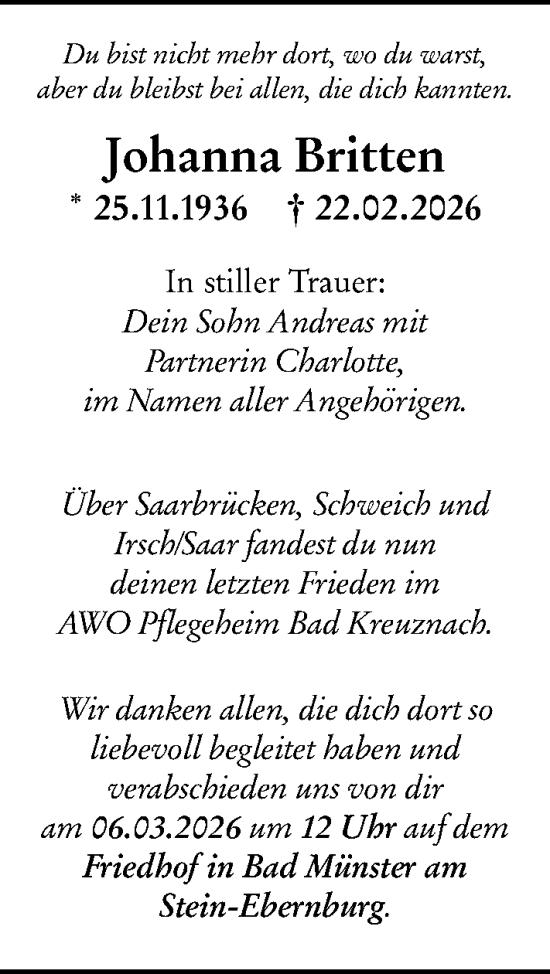 Traueranzeige von Johanna Britten von Allgemeine Zeitung Rheinhessen-Nahe