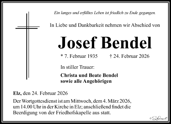 Traueranzeige von Josef Bendel von Nassauische Neue Presse