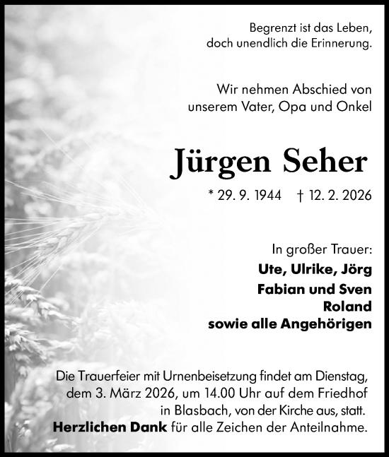 Traueranzeige von Jürgen Seher von Wetzlarer Neue Zeitung