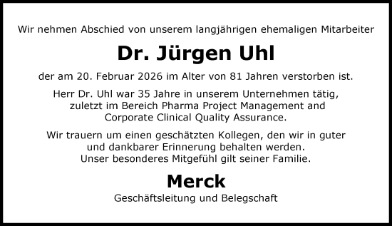 Traueranzeige von Jürgen Uhl von Darmstädter Echo