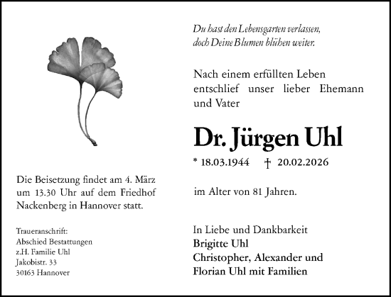 Traueranzeige von Jürgen Uhl von Darmstädter Echo