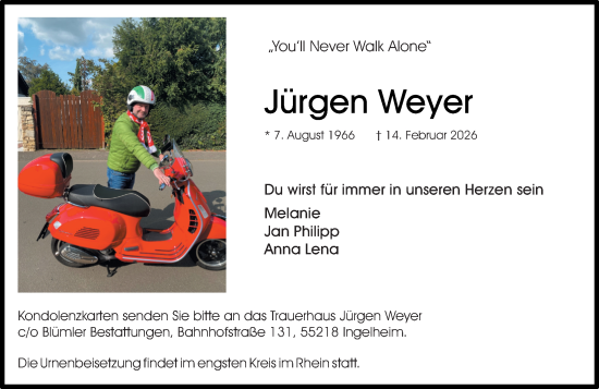 Traueranzeige von Jürgen Weyer von Allgemeine Zeitung Rheinhessen-Nahe