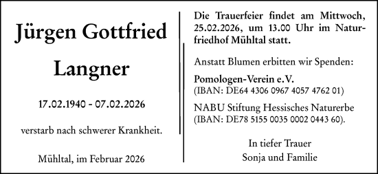 Traueranzeige von Jürgen Gottfried Langner von Darmstädter Echo