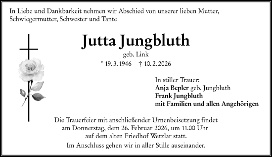 Traueranzeige von Jutta Jungbluth von Wetzlarer Neue Zeitung
