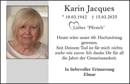 Traueranzeige von Karin Jacques von Allgemeine Zeitung Mainz
