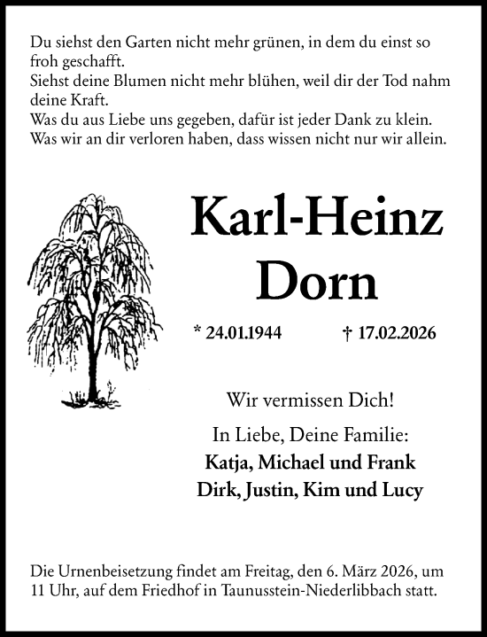 Traueranzeige von Karl-Heinz Dorn von Rheingau-Taunus-Kreis Wochenblatt