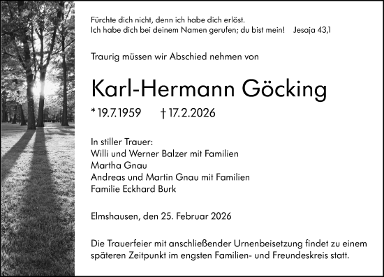 Traueranzeige von Karl-Hermann Göcking von Hinterländer Anzeiger