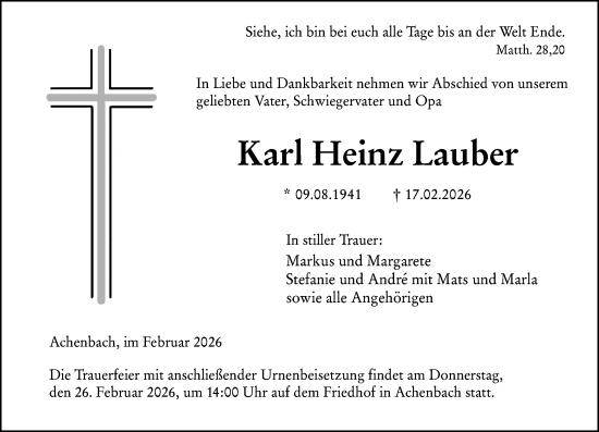 Traueranzeige von Karl Heinz Lauber von Hinterländer Anzeiger