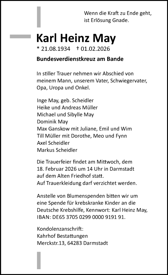 Traueranzeige von Karl Heinz May von Darmstädter Echo