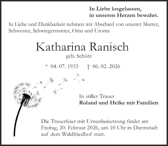 Traueranzeige von Katharina Ranisch von Darmstädter Echo
