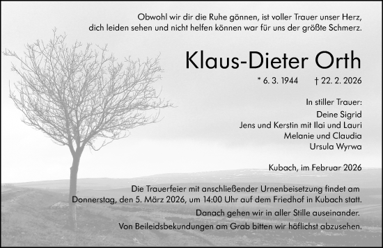 Traueranzeige von Klaus-Dieter Orth von Weilburger Tageblatt
