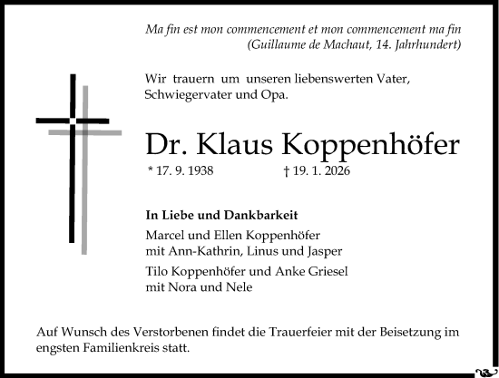 Traueranzeige von Klaus Koppenhöfer von Allgemeine Zeitung Mainz