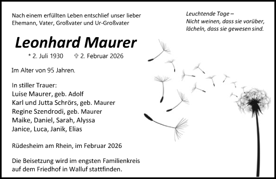 Traueranzeige von Leonhard Maurer von Rheingau Kurier