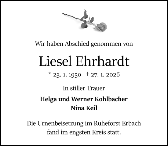 Traueranzeige von Liesel Ehrhardt von Odenwälder Echo