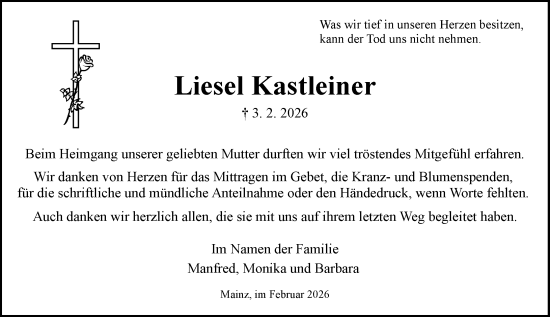 Traueranzeige von Liesel Kastleiner von Allgemeine Zeitung Mainz