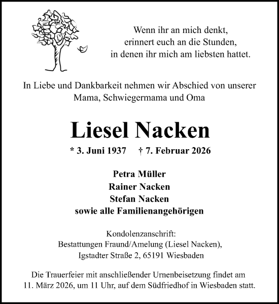 Traueranzeige von Liesel Nacken von Wiesbadener Kurier
