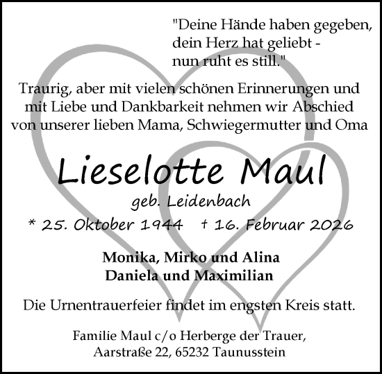 Traueranzeige von Lieselotte Maul von Rheingau-Taunus-Kreis Wochenblatt