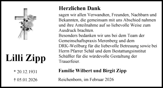 Traueranzeige von Lilli Zipp von Weilburger Tageblatt
