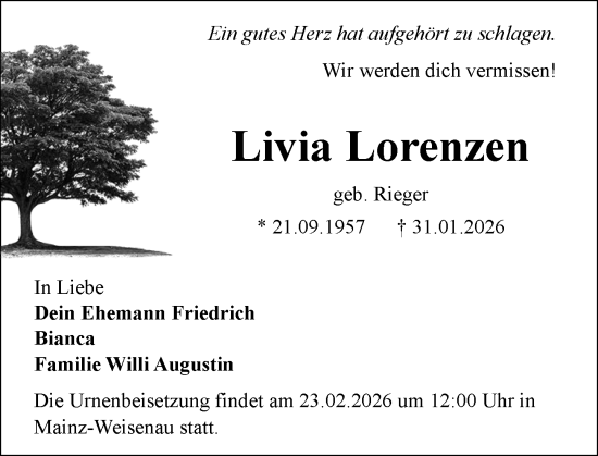 Traueranzeige von Livia Lorenzen von Wiesbadener Kurier