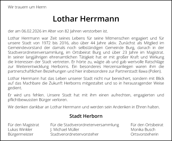 Traueranzeige von Lothar Herrmann von Dill Block