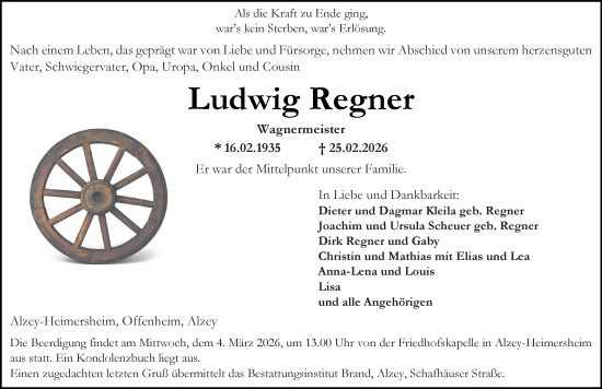 Traueranzeige von Ludwig Regner von Allgemeine Zeitung Alzey