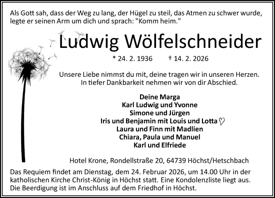 Traueranzeige von Ludwig Wölfelschneider von Odenwälder Echo