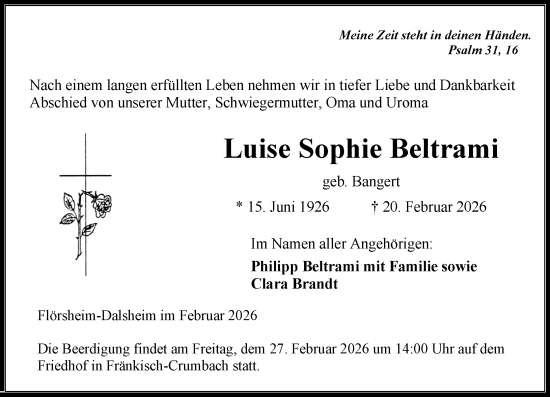 Traueranzeige von Luise Sophie Beltrami von Odenwälder Echo