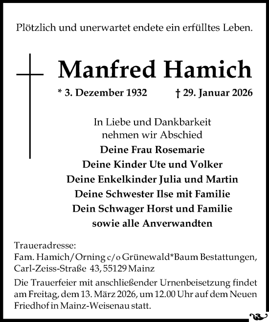 Traueranzeige von Manfred Hamich von Allgemeine Zeitung Mainz