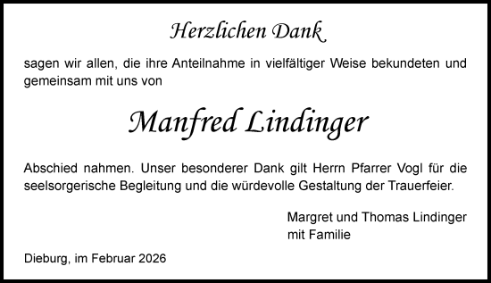 Traueranzeige von Manfred Lindinger von Dieburger Anzeiger/Groß-Zimmerner Lokal-Anzeiger