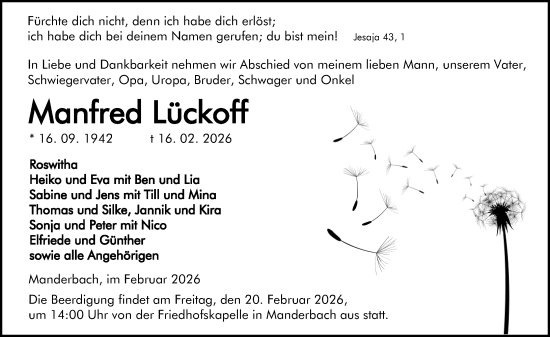 Traueranzeige von Manfred Lückoff von Hinterländer Anzeiger